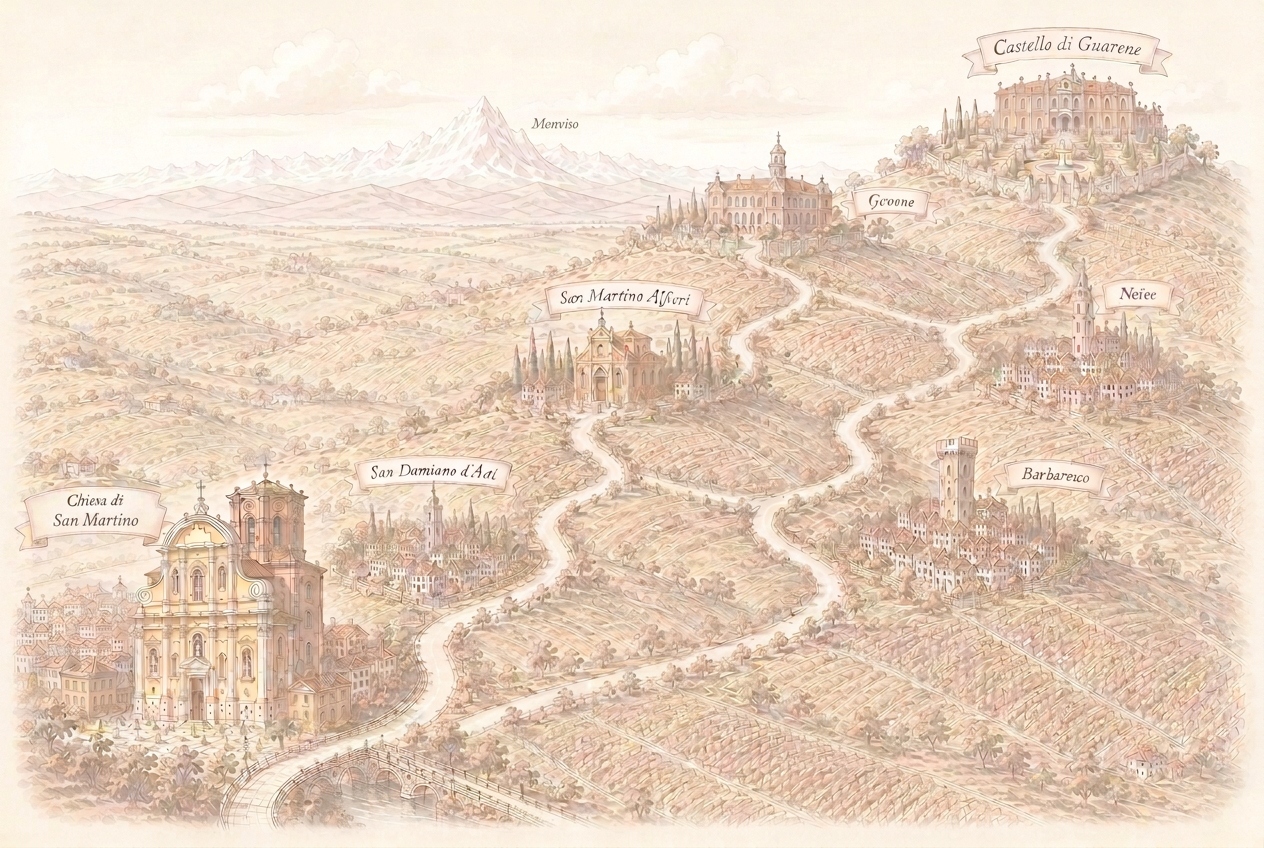 Mappa illustrata del percorso dalla Chiesa di San Martino in Asti al Castello di Guarene