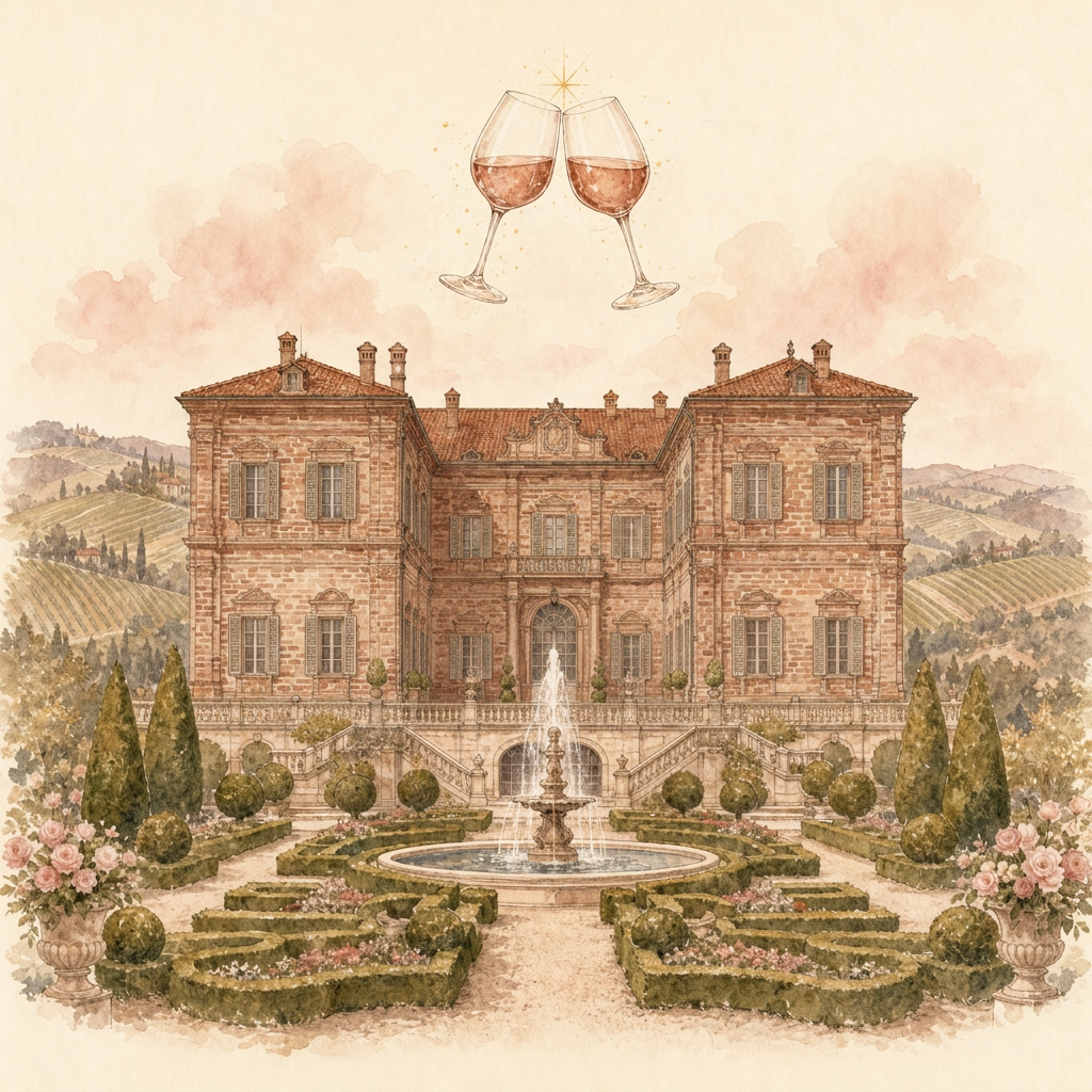 Illustrazione fiabesca del Castello di Guarene con due bicchieri che brindano