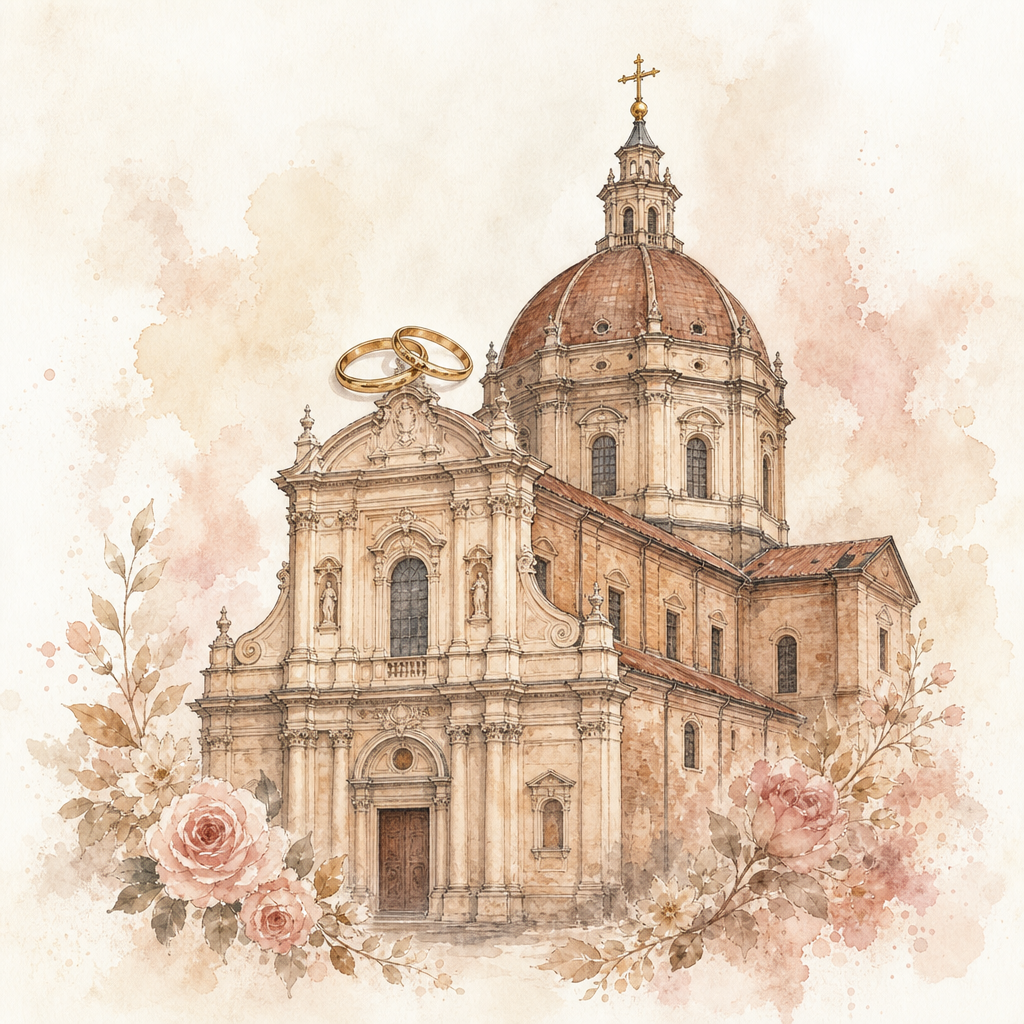 Illustrazione fiabesca della Chiesa di San Martino con due fedi nuziali